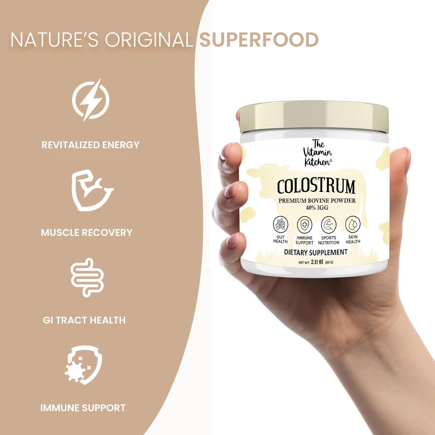 Bovine Colostrum Powder Supplement (40% Igg + No Fillers) for Gut & Digestive Health, Muscle Recovery & Growth (60 Servings)