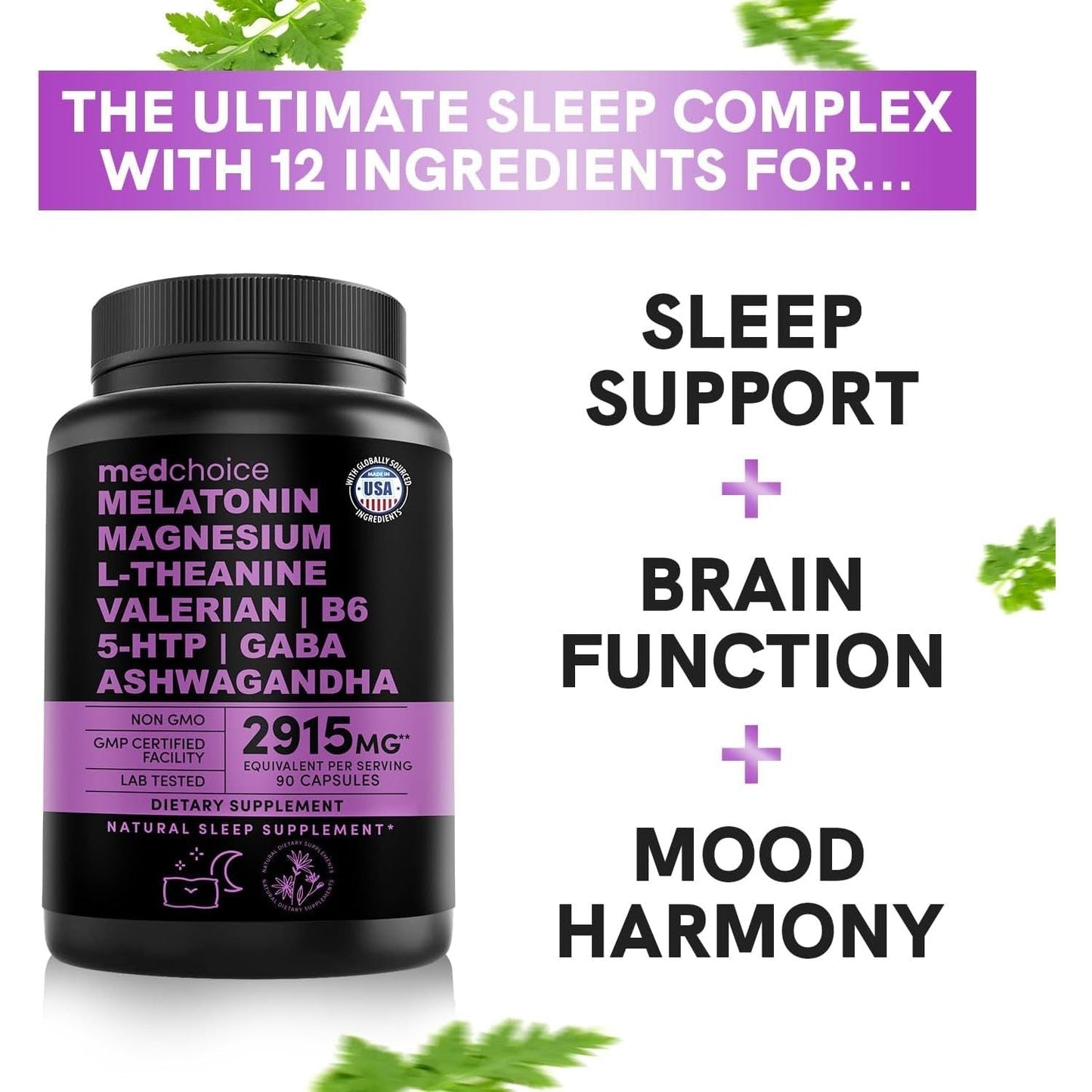 12-In-1 Melatonin Capsules - Natural Sleep Aids for Adults (90 Ct)