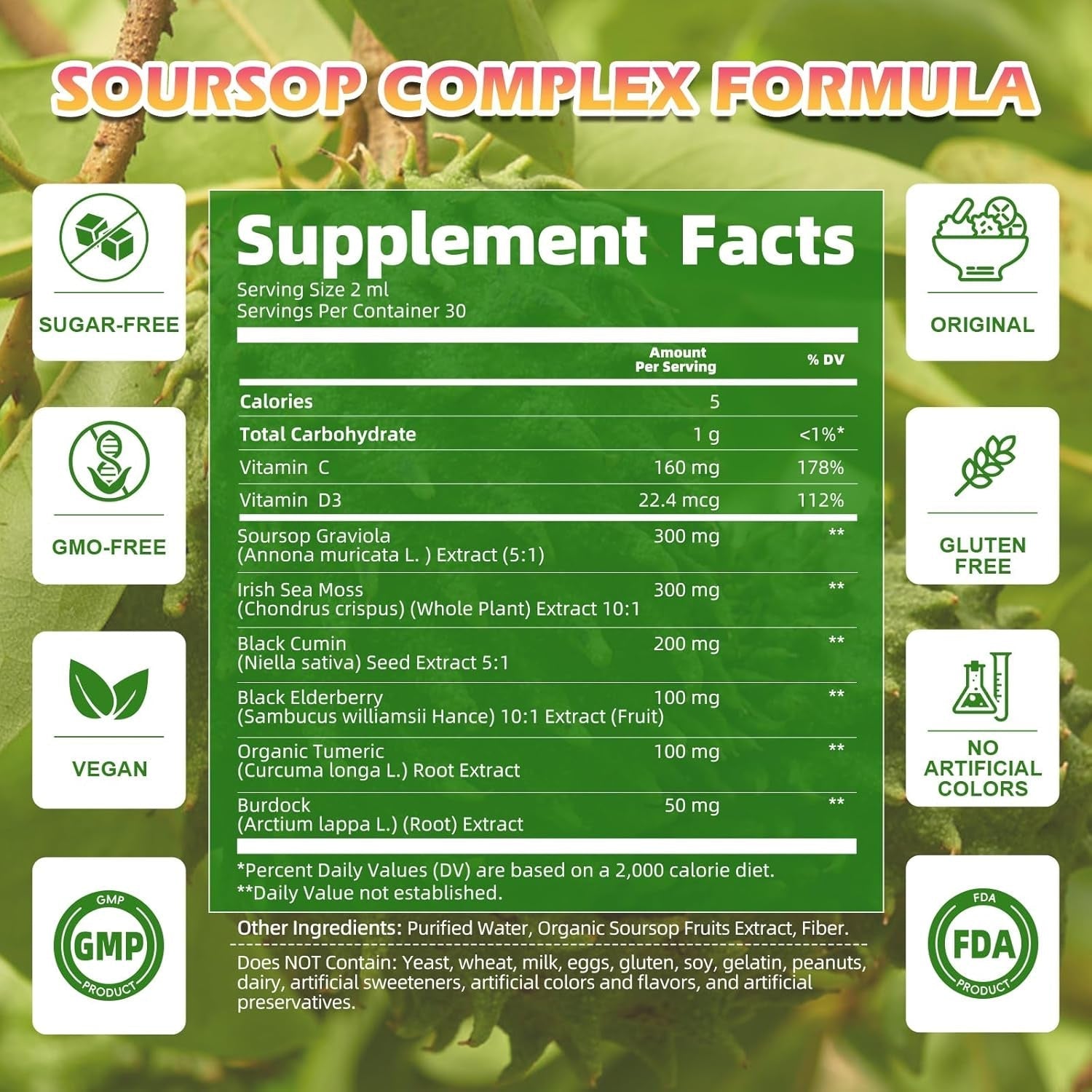 Soursop Bitters Liquid Drops with Irish Sea Moss, Black Seed Oil, Soursop Graviola Leaves Extract - Slowing Cell-Aging, Gut Cleanse, Detox & Immunity Health