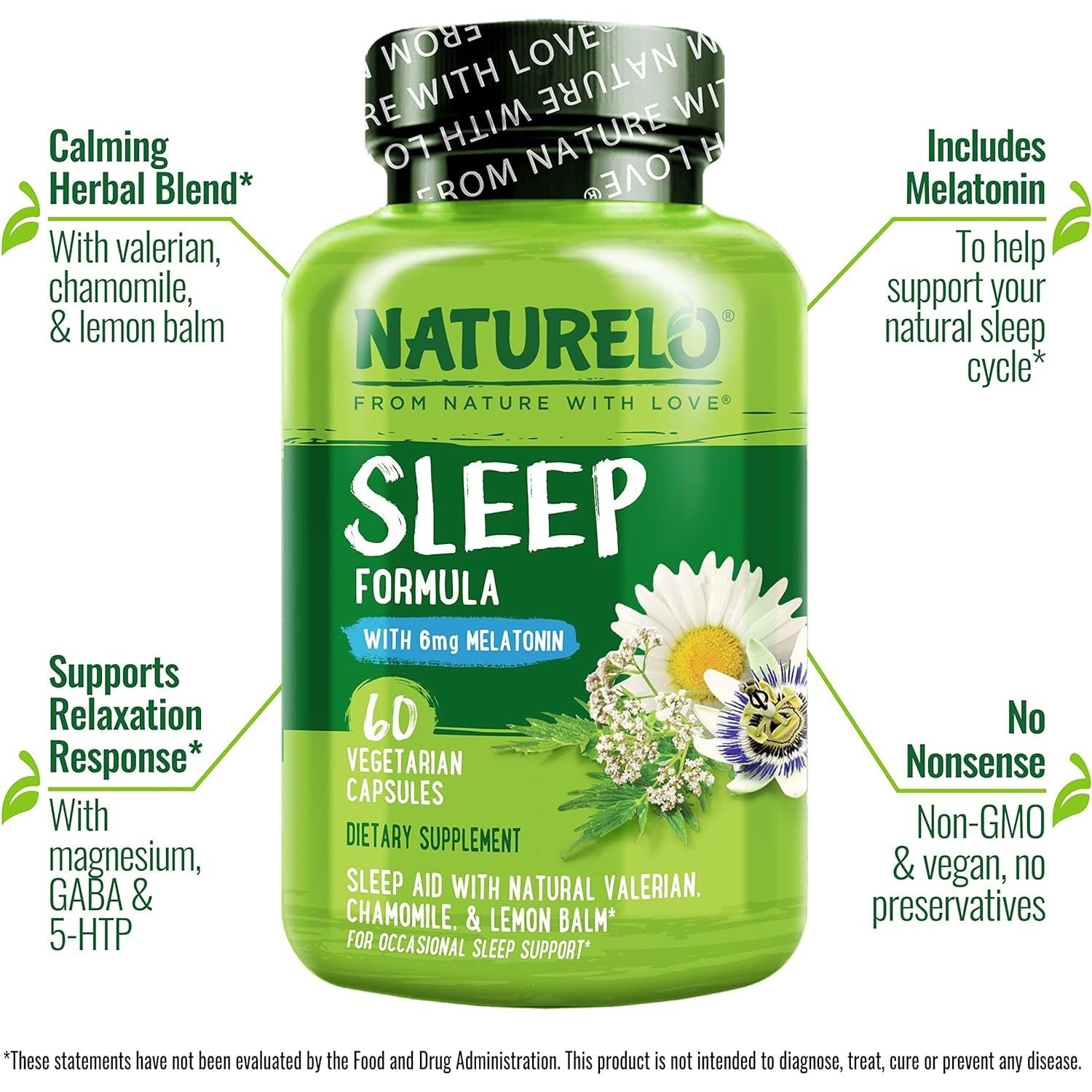 NATURELO Sleep Aid - with Melatonin, Magnesium, GABA, Valerian Root 60 Capsules