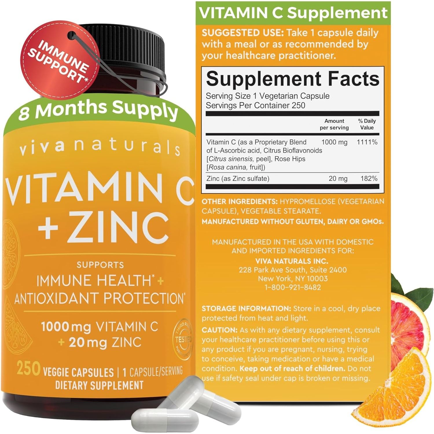 Viva Naturals Vitamin C and Zinc Supplement - Antioxidant Supplements for Immune Support for Adults (250 Capsules)