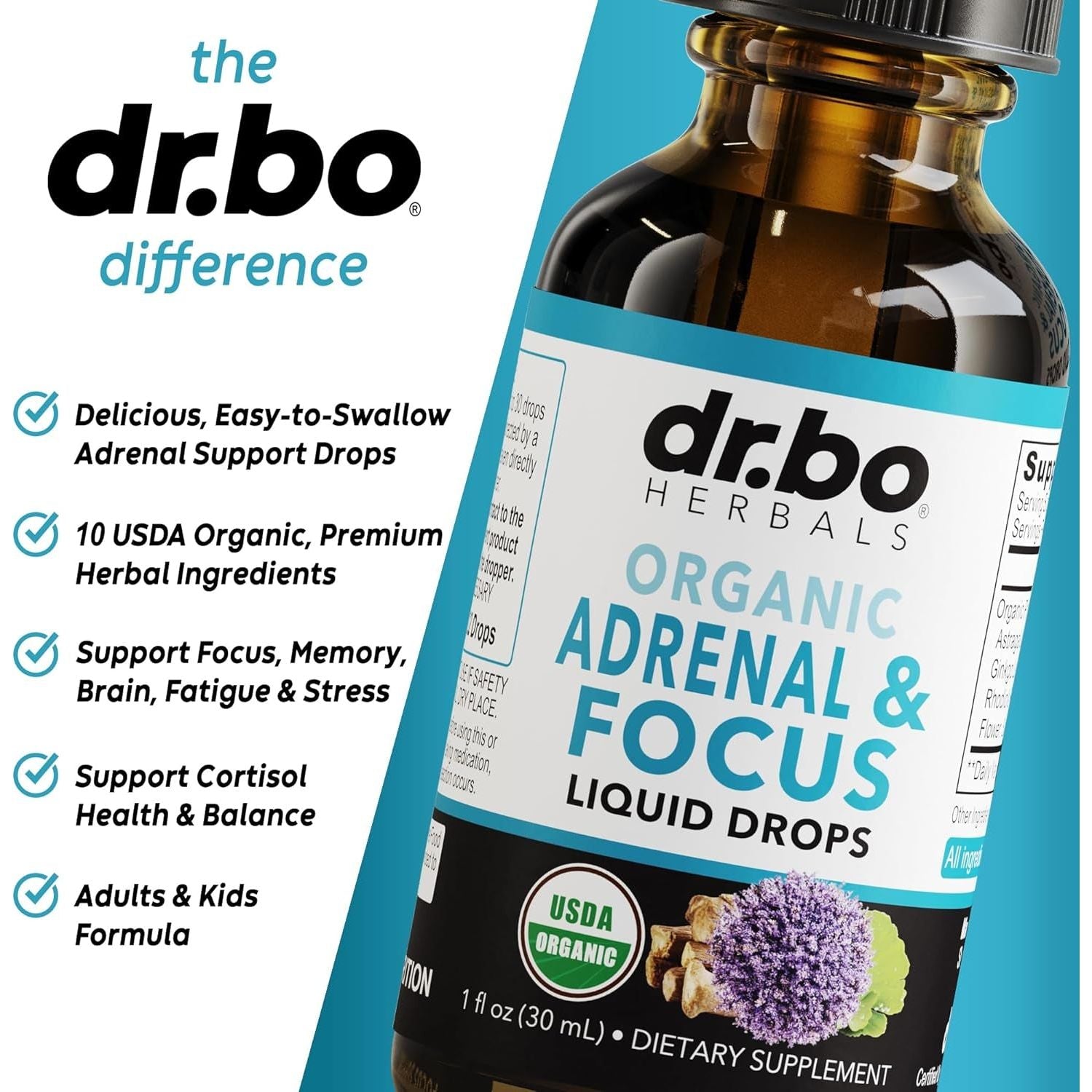 Adrenal Support Supplements Liquid Drops - Organic Adrenal and Focus Supplement, 1Oz