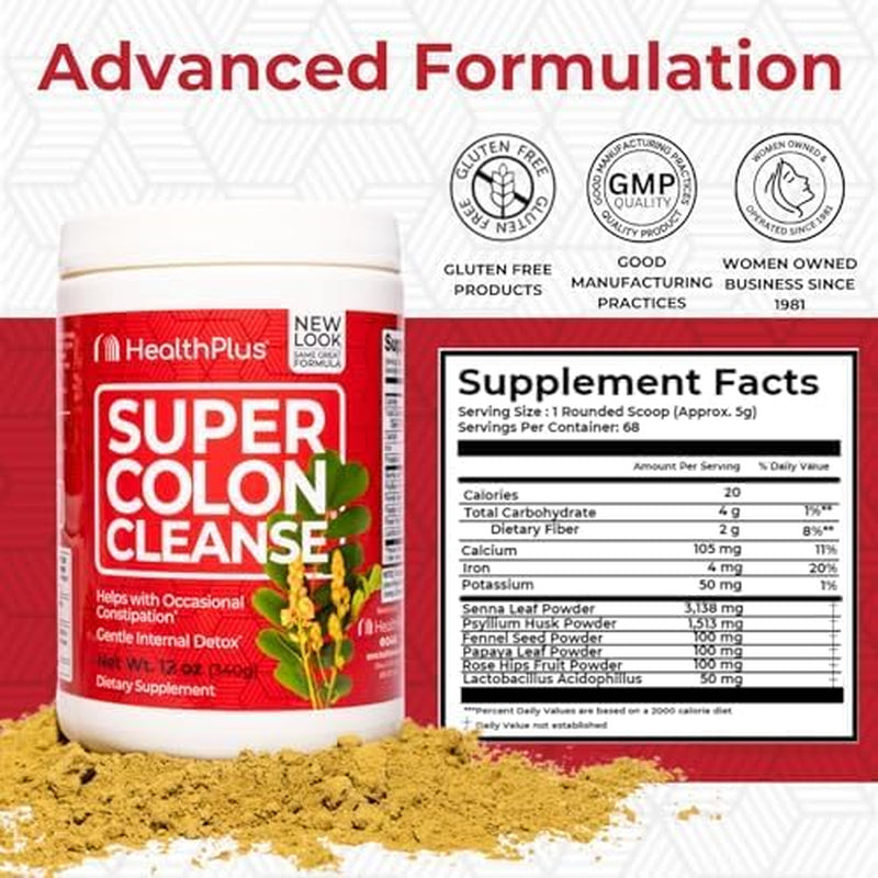 Health plus Super Colon Cleanse - Natural Detox, Digestive Constipation Relief - 12 Oz Powder, 68 Servings