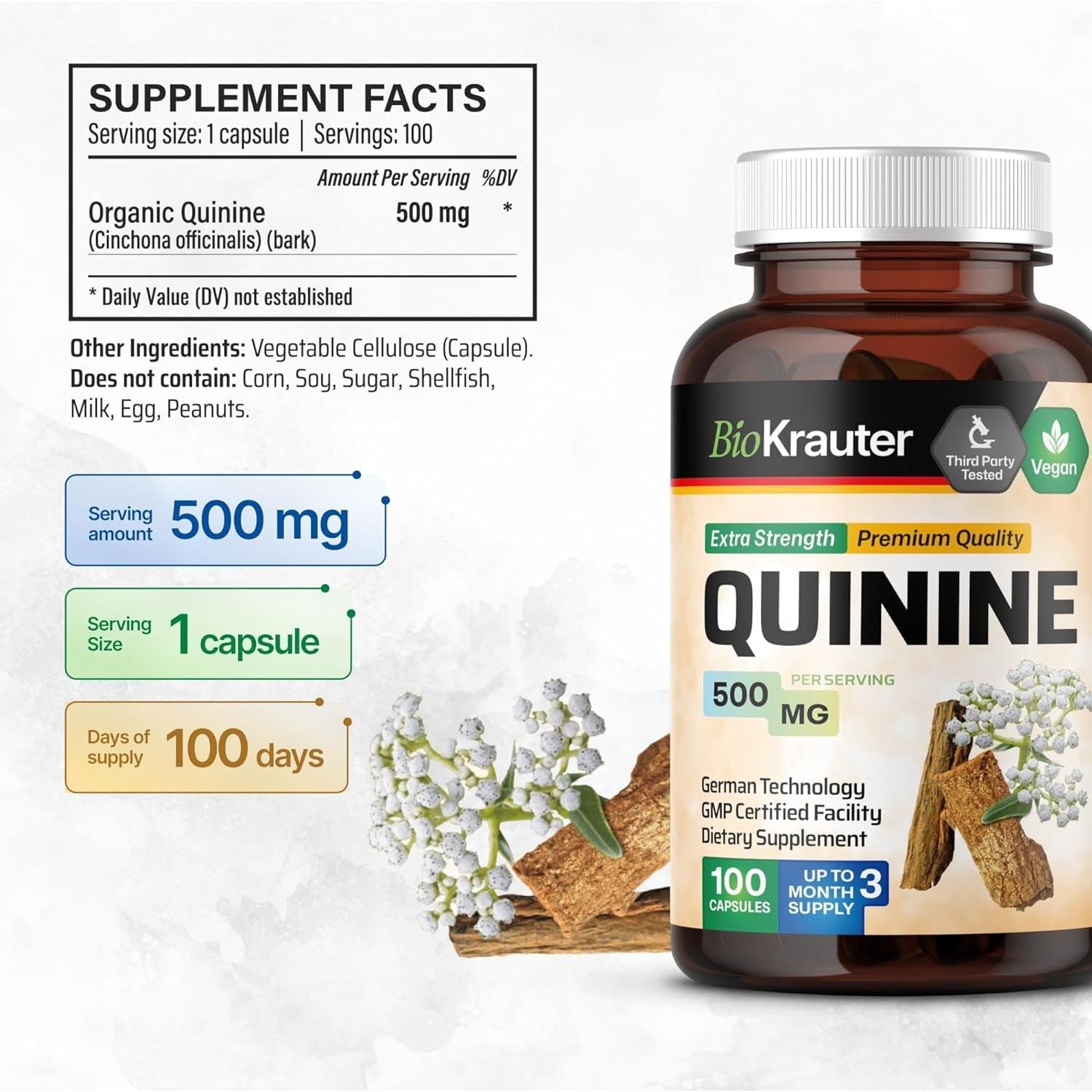 BIO KRAUTER Quinine for Leg Cramps Capsules 500 Mg - 100 Count - Cinchona Bark Powder - Quinine Capsules - Vegan, No Fillers