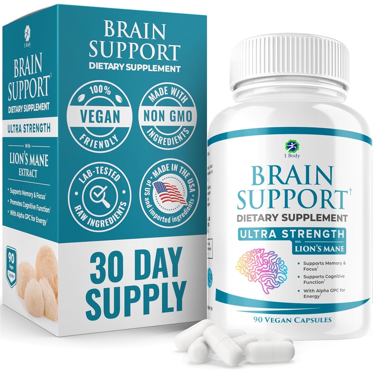 1 Body Brain Supplement Capsules with Lions Mane for Memory and Focus