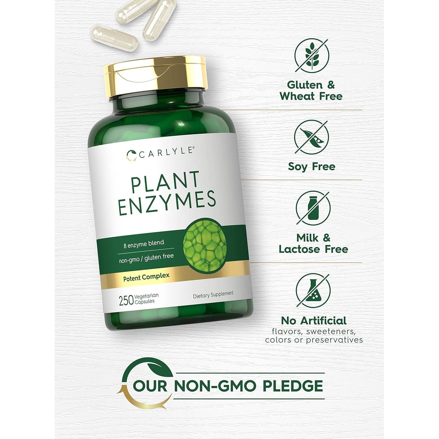 Carlyle Plant Enzymes with Protease, Papain, Lactase and Bromelain | 250 Capsules 