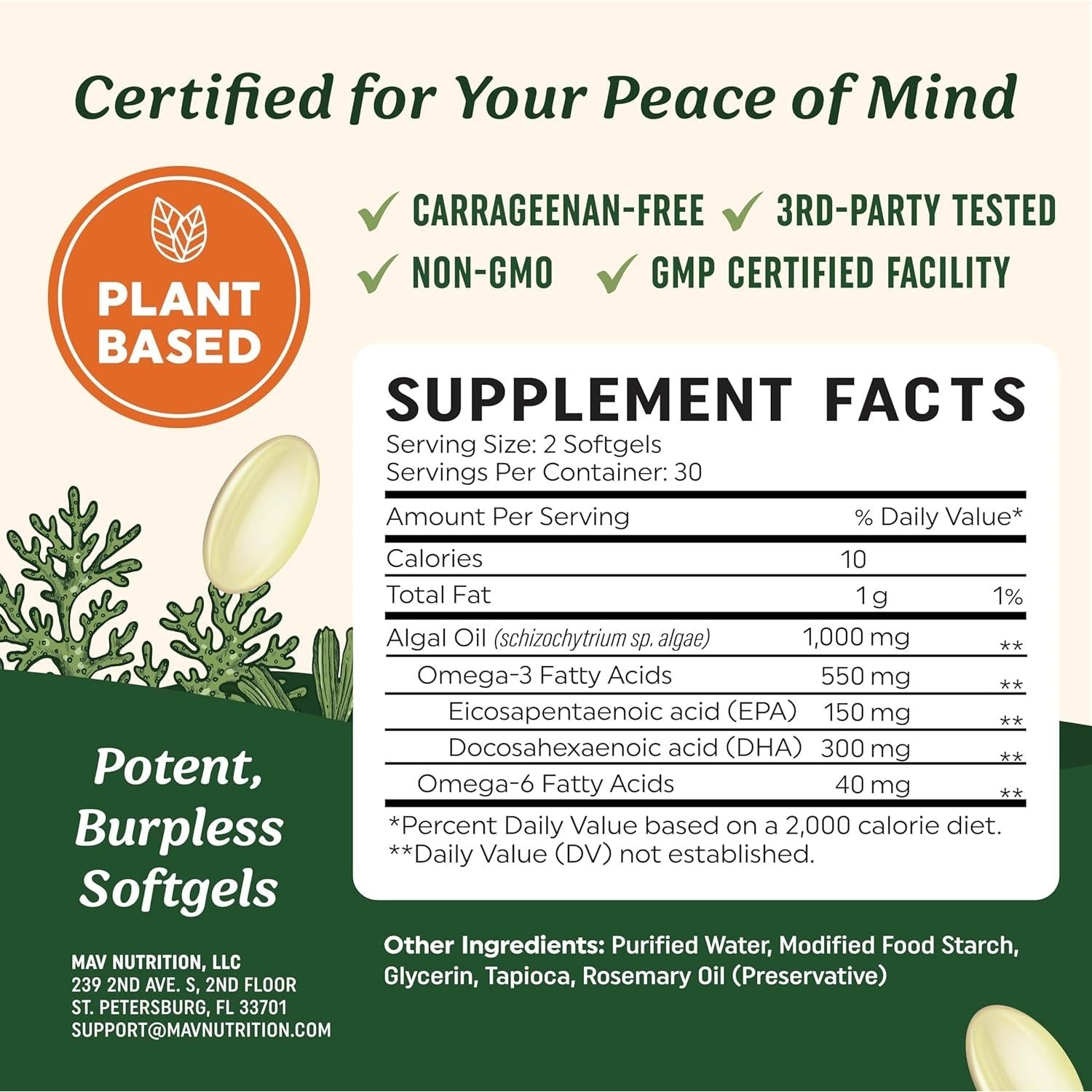 Vegan Omega 3 Algae Oil | Plant Based DHA EPA | Heart, Brain, and Eye Health 60 Softgel Capsules