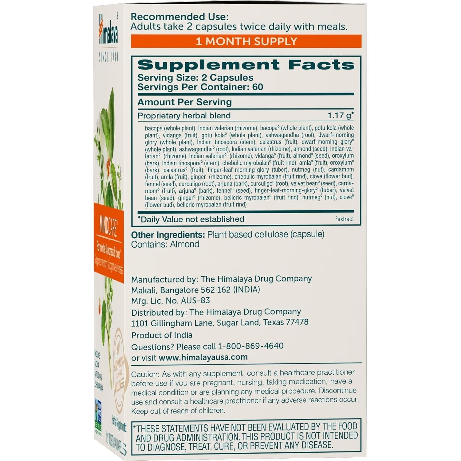 Himalaya Mindcare, Nootropic Brain Supplement Booster 1170 Mg, 120 Capsules