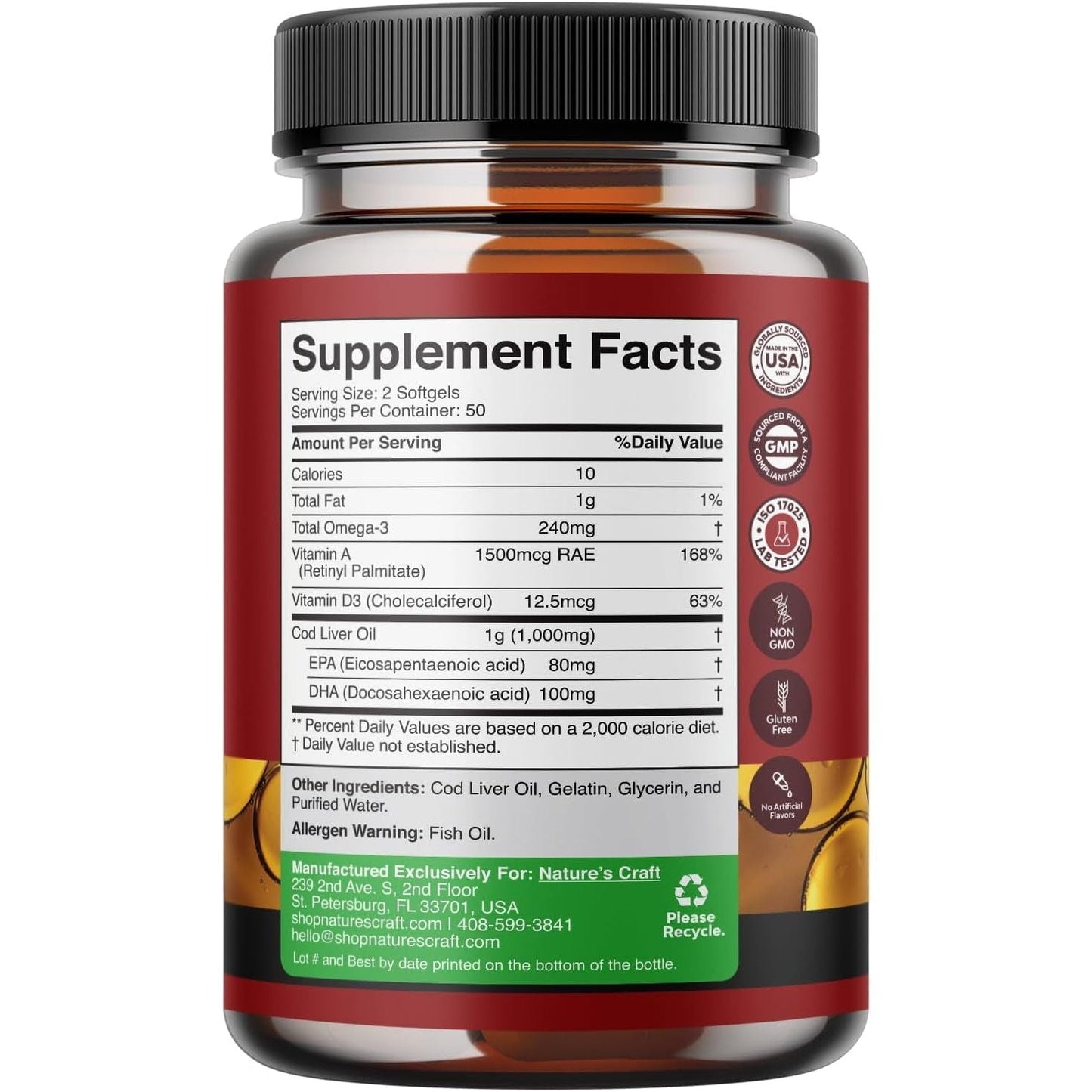 Icelandic Cod Liver Oil Softgels - Wild Caught EPA DHA Omega 3 Fish Oil 1000Mg per Serving