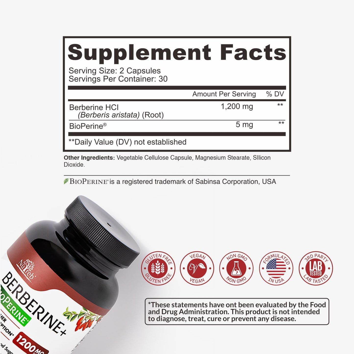 Berberine Supplement 1200Mg - Healthy Weight Management, Immune Support - 60 Vegan Capsules