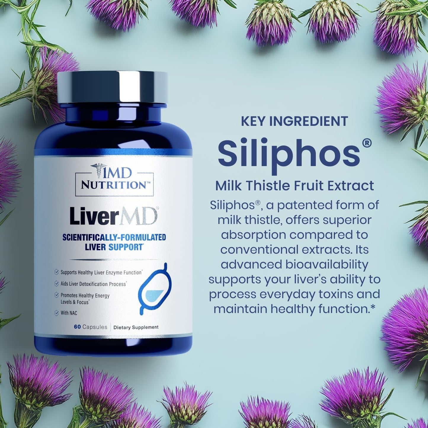 1MD Livermd - Liver Support Supplement | Siliphos Milk Thistle Extract 60 Capsules