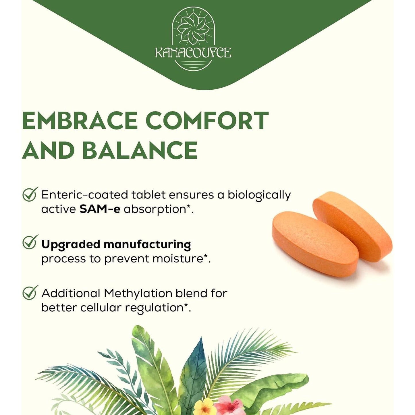 1100Mg Sam-E (S-Adenosyl-L-Methionine), SAM E Supplement for Mood, Joint & Liver 60 Tablets