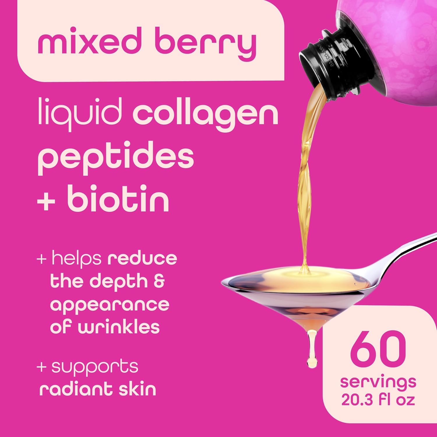 Zena Liquid Collagen Peptides for Women & Men + Biotin 5000Mcg for Hair, Skin, Nail Health | Berry | 60 Servings, 20.3 FL Oz