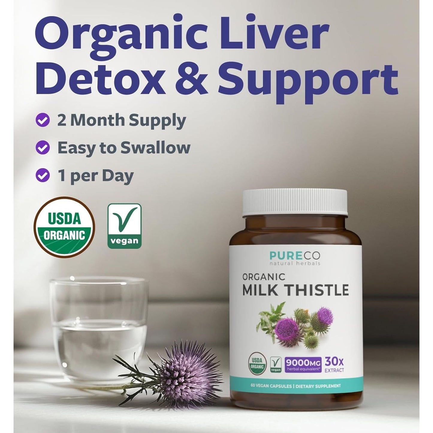 USDA Organic Milk Thistle Capsules - 80% Silymarin Supplement for Liver Support - 60 Day Supply