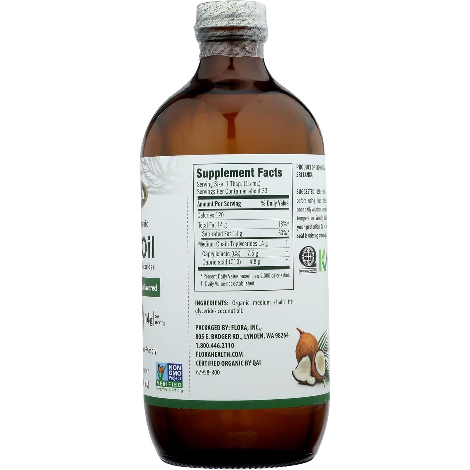 Flora Health MCT Oil Organic Energy Boost, C8 Caprylic & C10 Capric Acids,17 Fl Oz Liquid, Glass Bottle