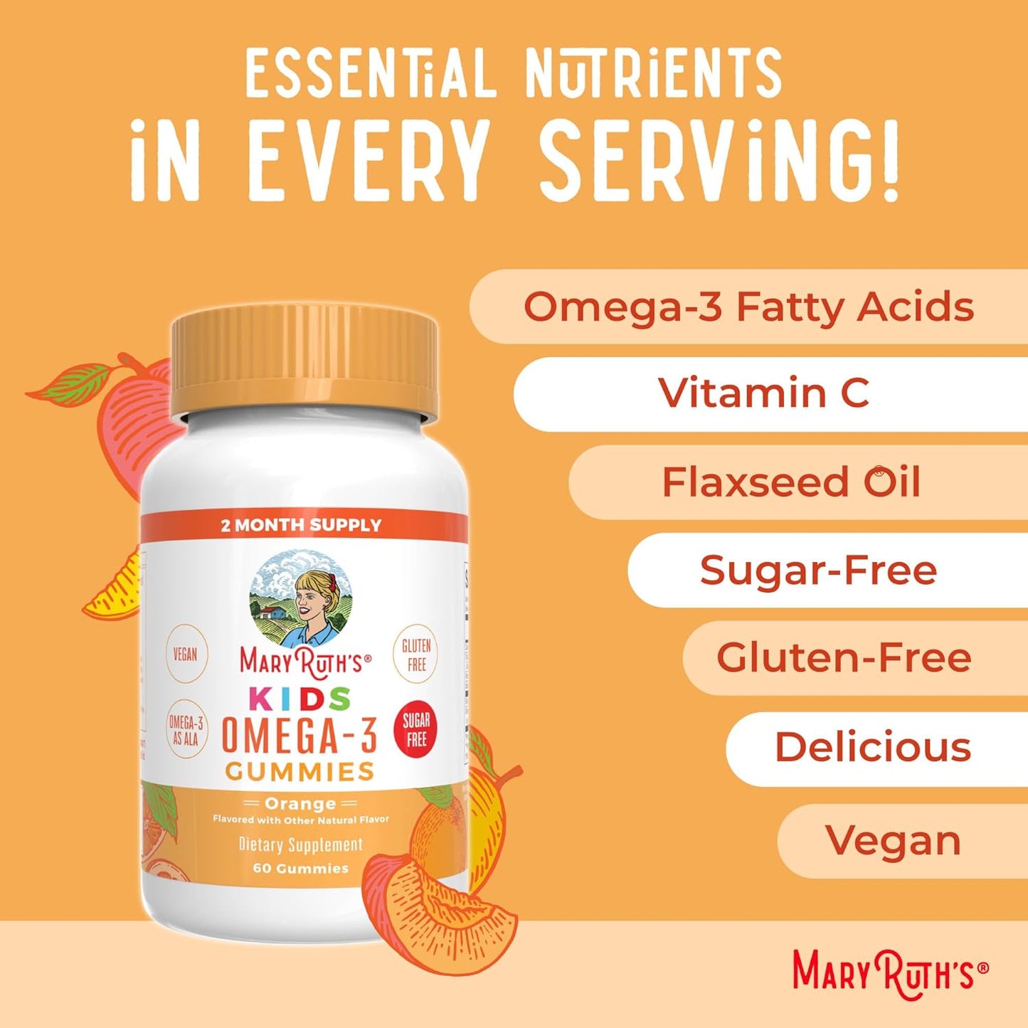 Maryruth Organics Vegan Omega 3 Gummies for Kids 2+, 2 Month Supply