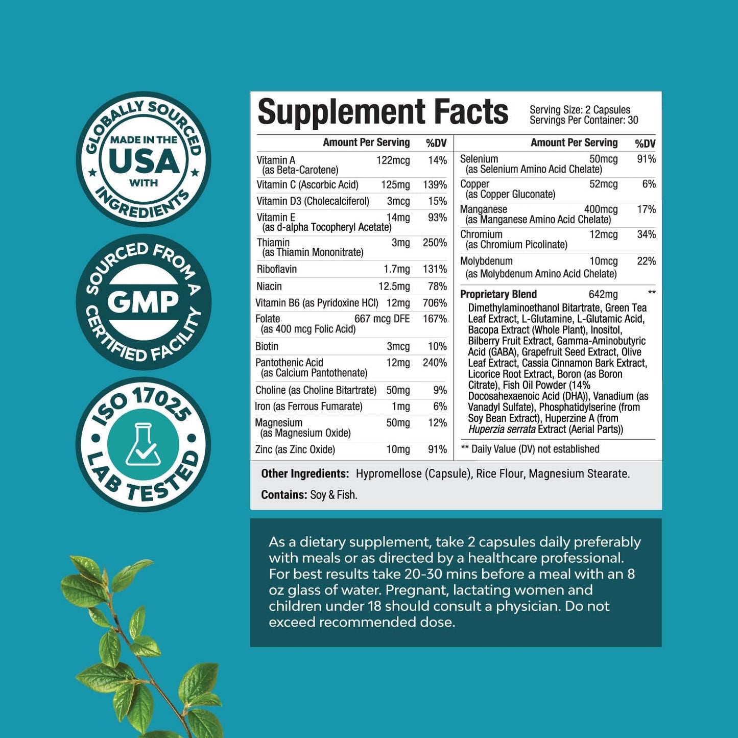 Advanced Nootropics - Synergetic Mental Energy and Focus Supplement with Brain Vitamins for Cognitive Enhancement (30 Servings)