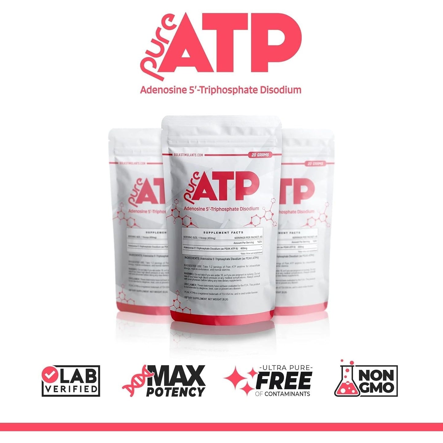 Bulkstimulants Pure ATP Adenosine Triphosphate Powder - Increase Energy, Endurance, Strength, Recovery & Muscle Pump 20 Grams