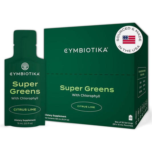 CYMBIOTIKA Super Greens Supplement with Chlorophyll, Spirulina for Digestive Gut Health, Detox,15 Ml Pouches, 30 Packets