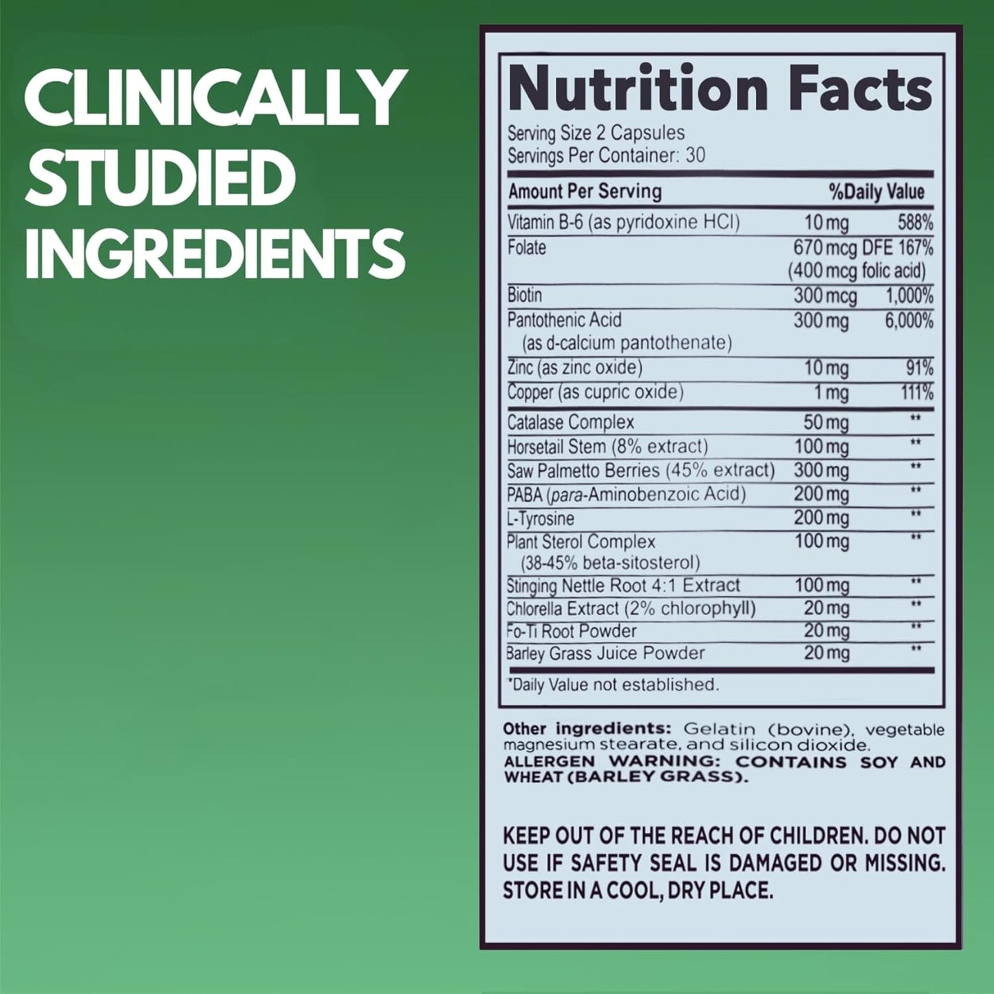 Gray Hair Rescind with Catalase - Antiaging Hair, Skin and Nails Vitamins, Pantothenic Acid, Folic Acid 400Mcg, Biotin 300Mcg