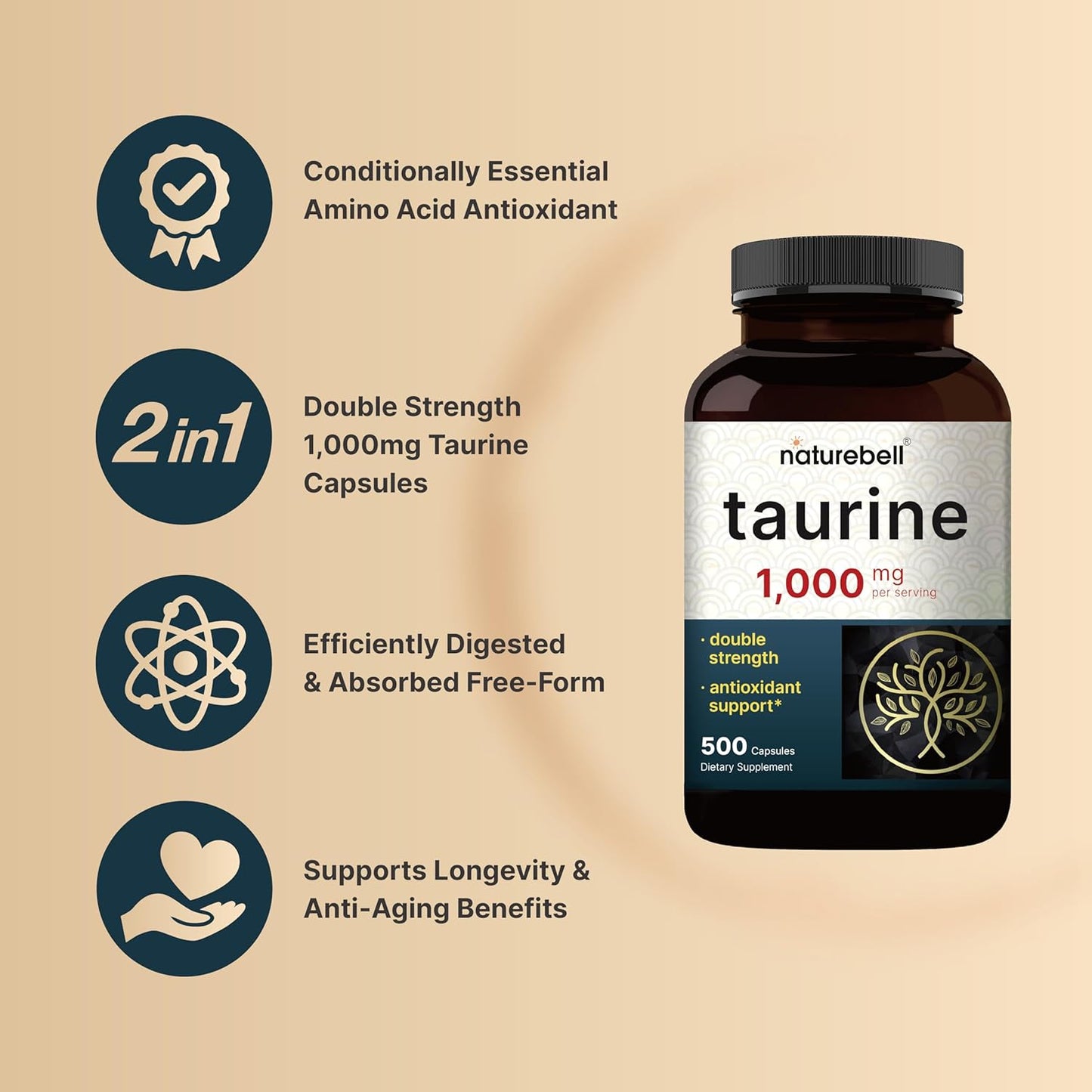 Naturebell Taurine 1,000Mg per Serving – Antioxidant Support for Heart, Muscle, Brain, & Liver Health 500 Capsules
