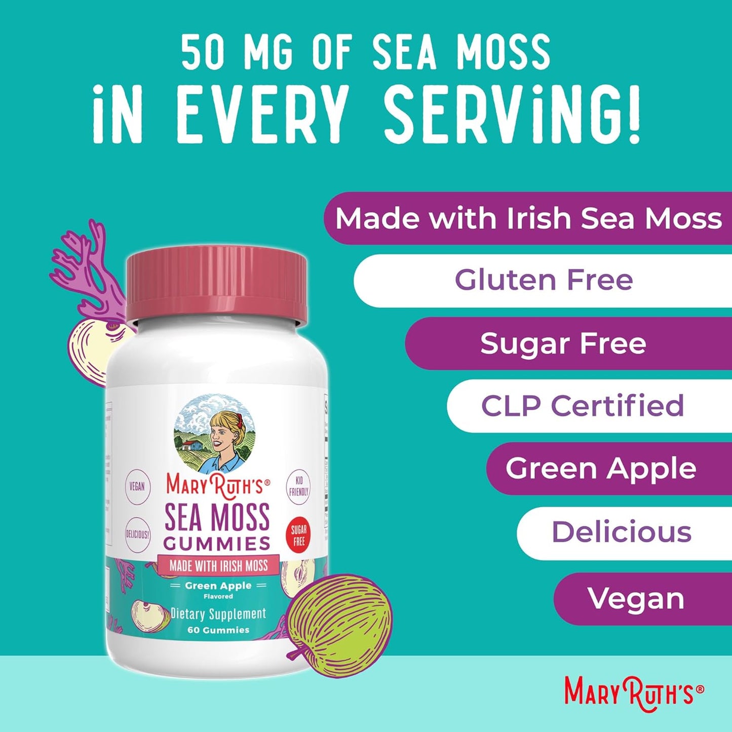 Maryruth Organics Gummies Sugar Free Made with Irish Sea Moss for Gut Health and Immune Support 60 Count