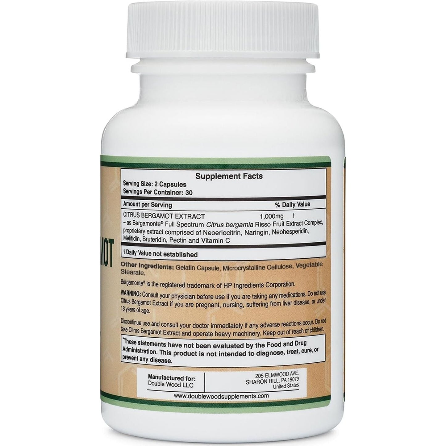 Citrus Bergamot Supplement  - 1,000Mg Servings (Sourced from Italy) (60 Capsules) by Double Wood