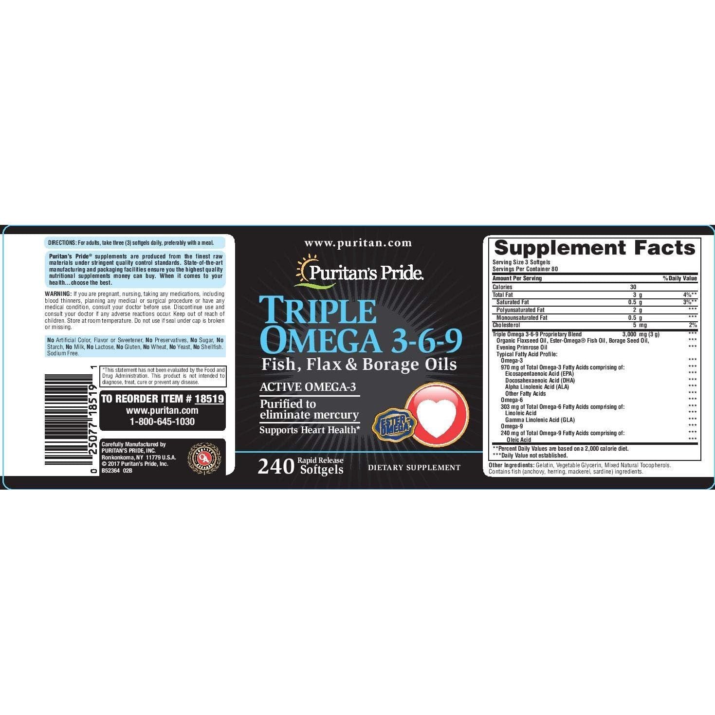 Puritan'S Pride Premium Triple Active Omega 3-6-9 Fish, Flax, and Borage Oils, 240 Softgels