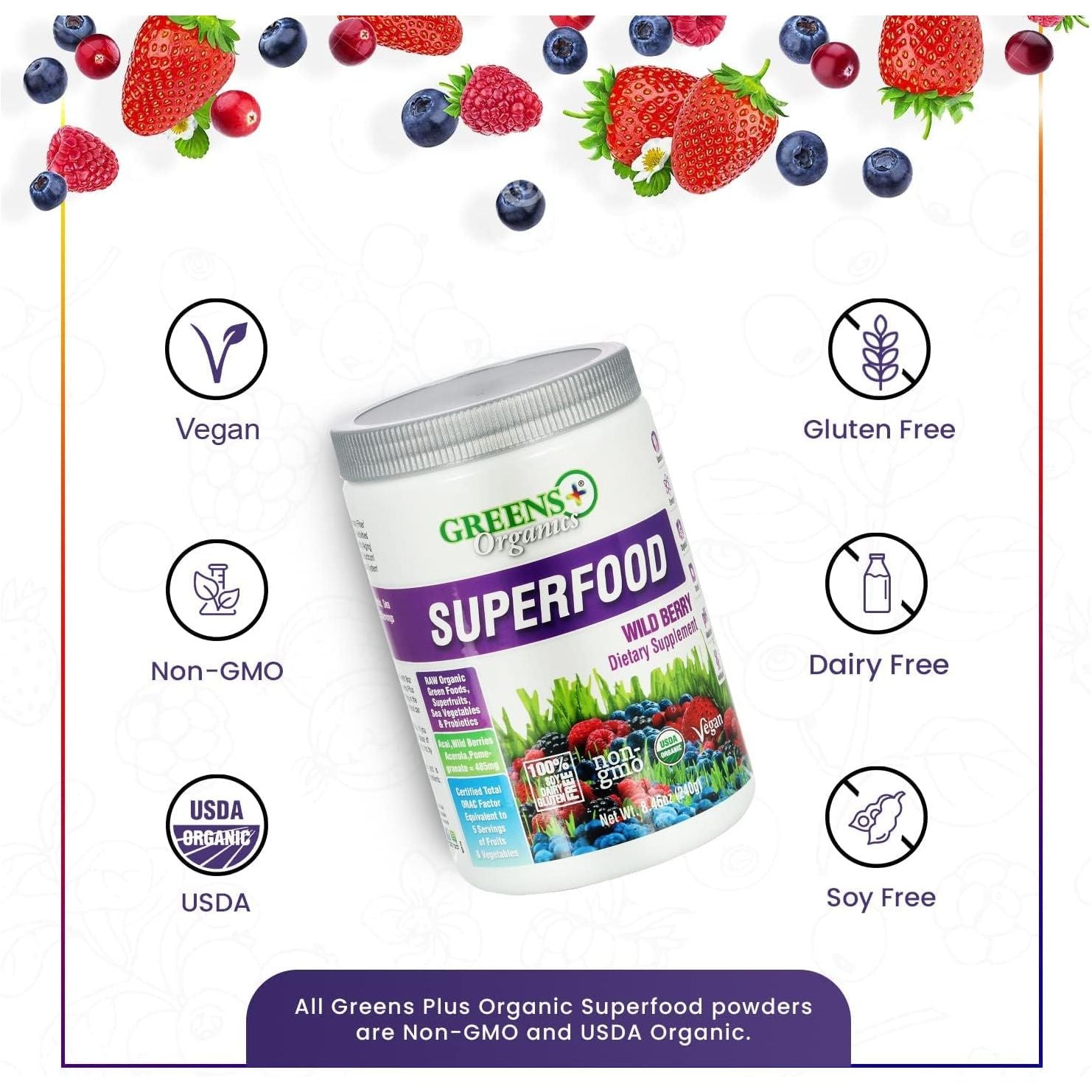Greens+ Organic Wild Berry Superfood Powder for Morning Kick, Energy, Vitality Boost, Nutrition, Vibrant Health (8.46Oz)