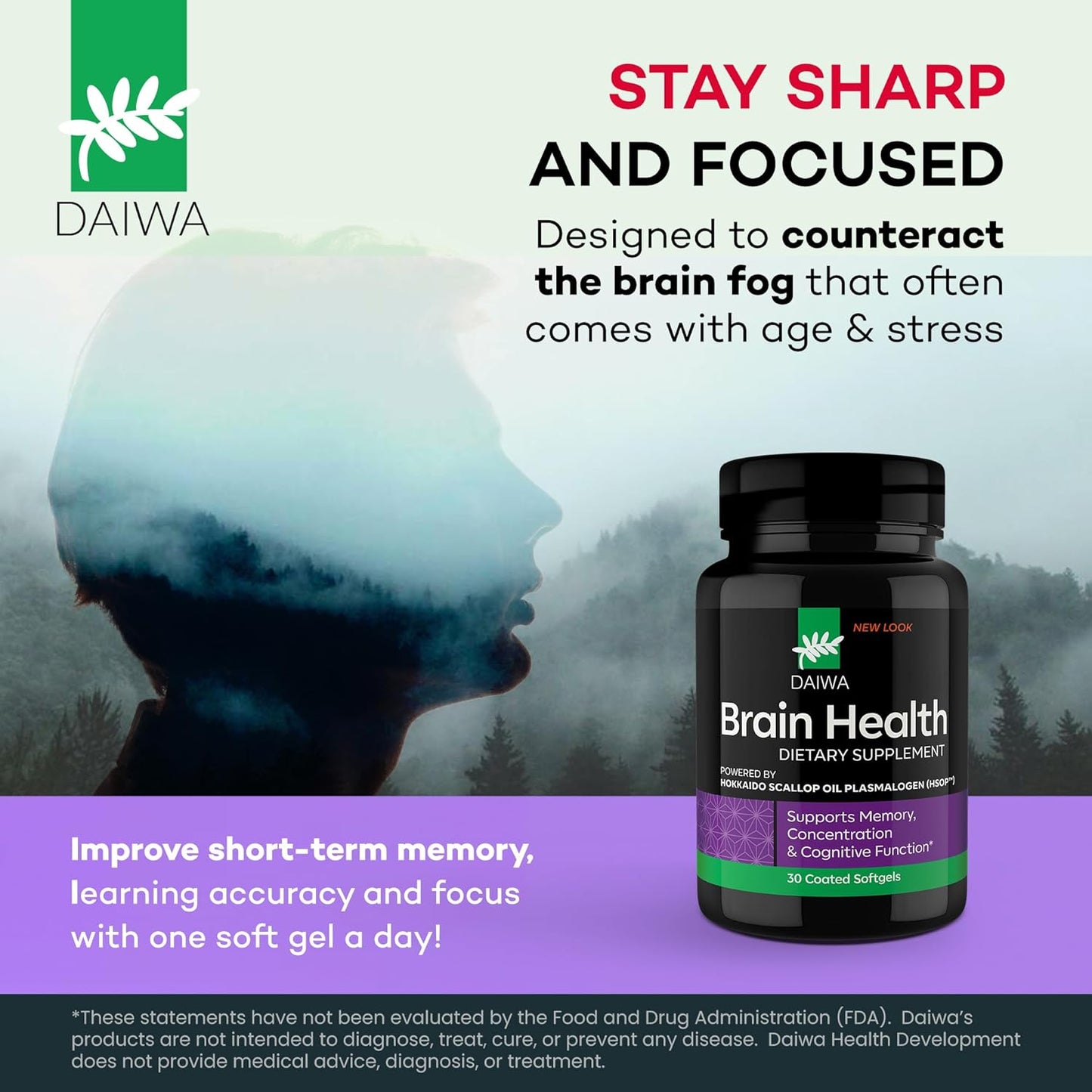 Daiwa Brain Health Supplement for Adults - Plasmalogen Focus Supplement for Memory and Concentration 30/Ct
