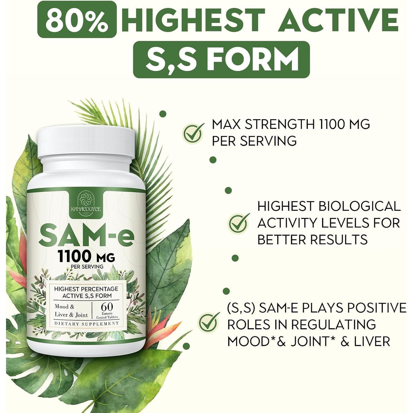 1100Mg Sam-E (S-Adenosyl-L-Methionine), SAM E Supplement for Mood, Joint & Liver 60 Tablets