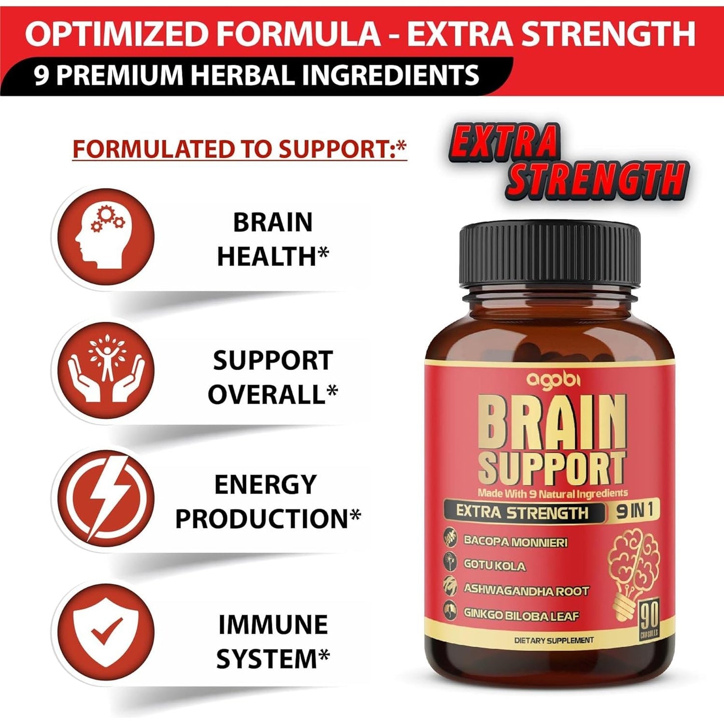 9In1 Brain Support Supplement - Concentrated Ashwagandha Root, Gotu Kola Powder, Bacopa Monnieri Powder and More - 90 Capsules
