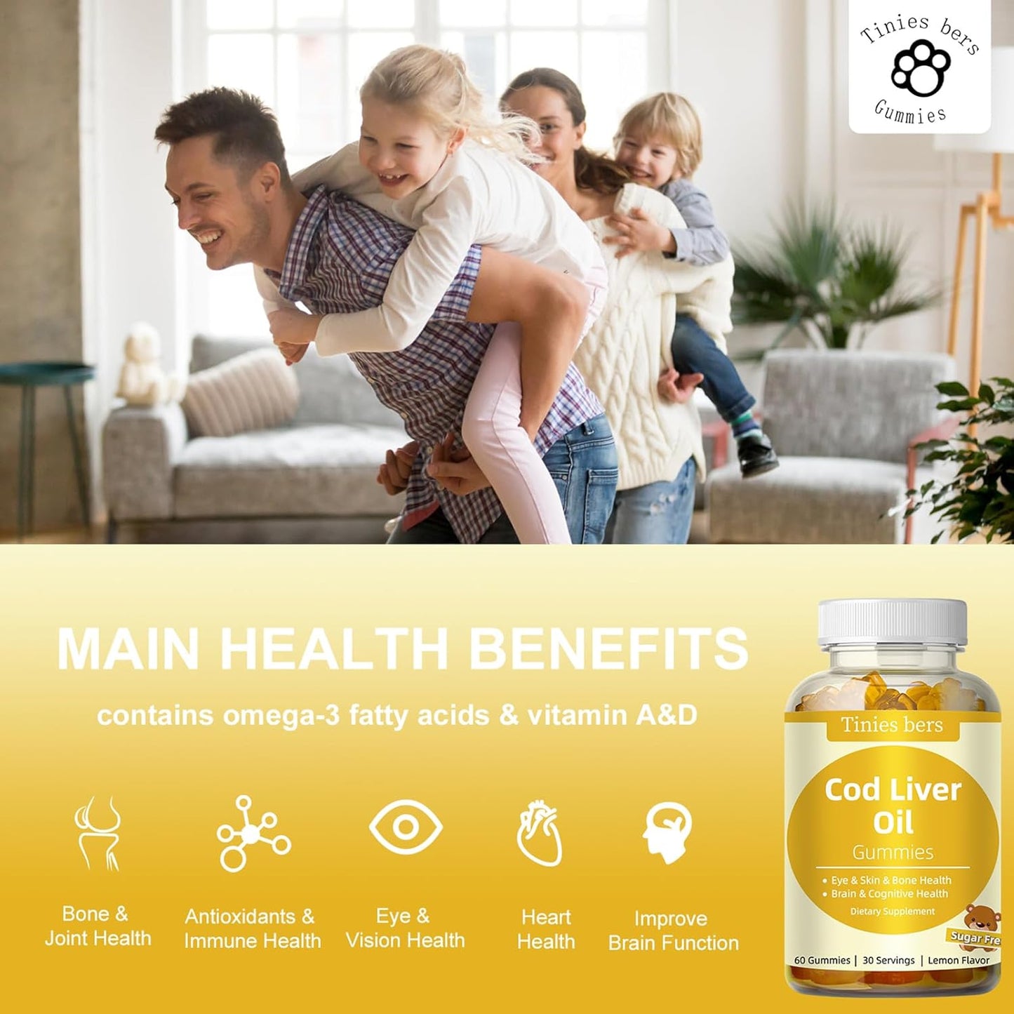 Cod Liver Oil Gummies 1000Mg, Sugar Free for Adults & Kids, Omega-3S & Vitamin A&D 60 Count