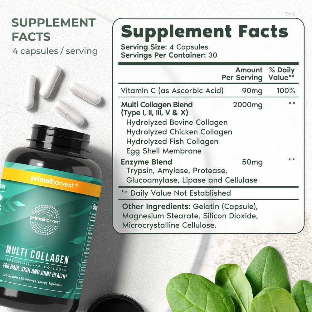 Primal Harvest Multi Collagen Pills for Women and Men (Type I, II, III, V, X) 120 Capsules W/Vitamin C