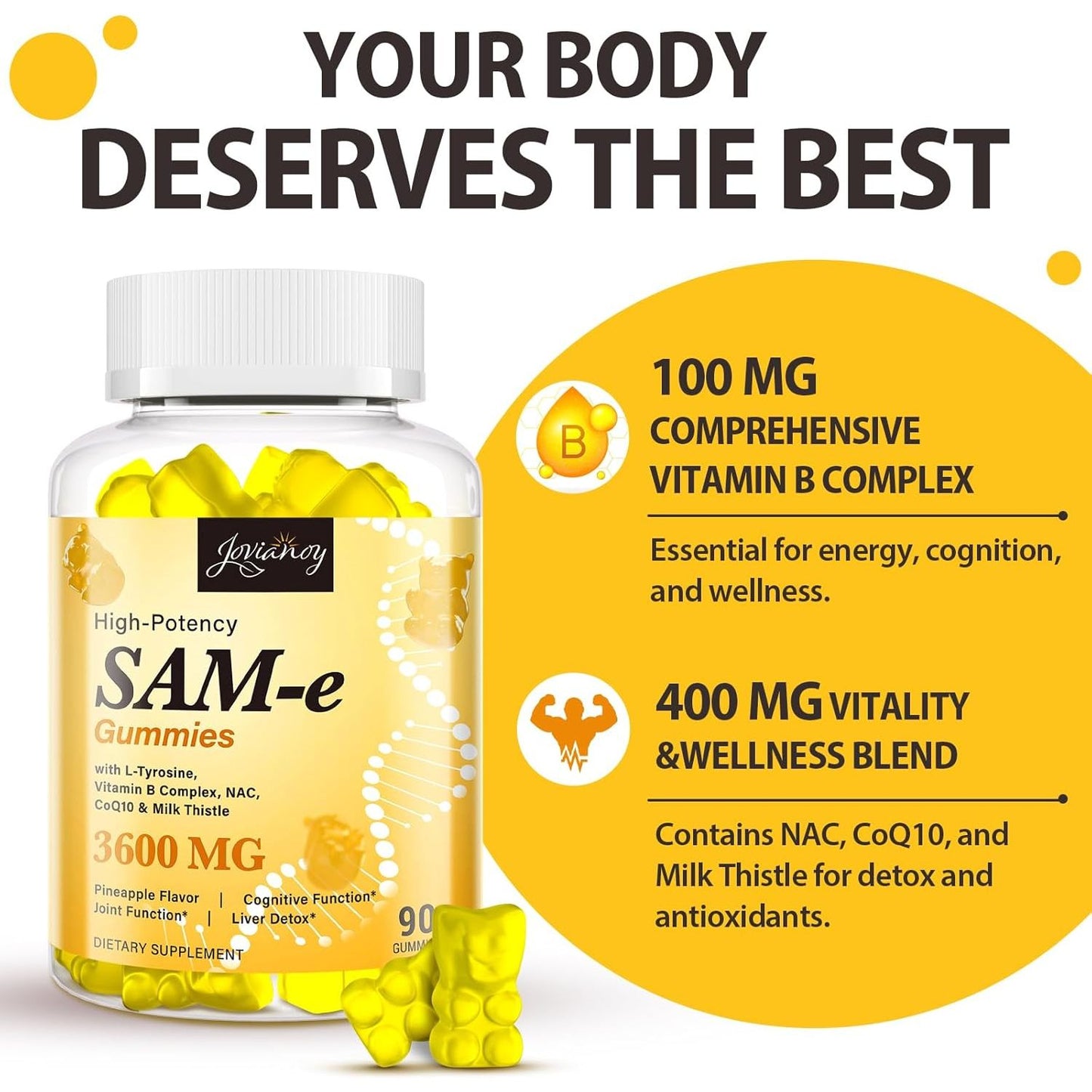Sam-E Gummies with L-Tyrosine, Vitamin B Complex & NAC, Coq10, Sam-E Supplement - Pineapple Flavor, Made in USA, 90 Gummies