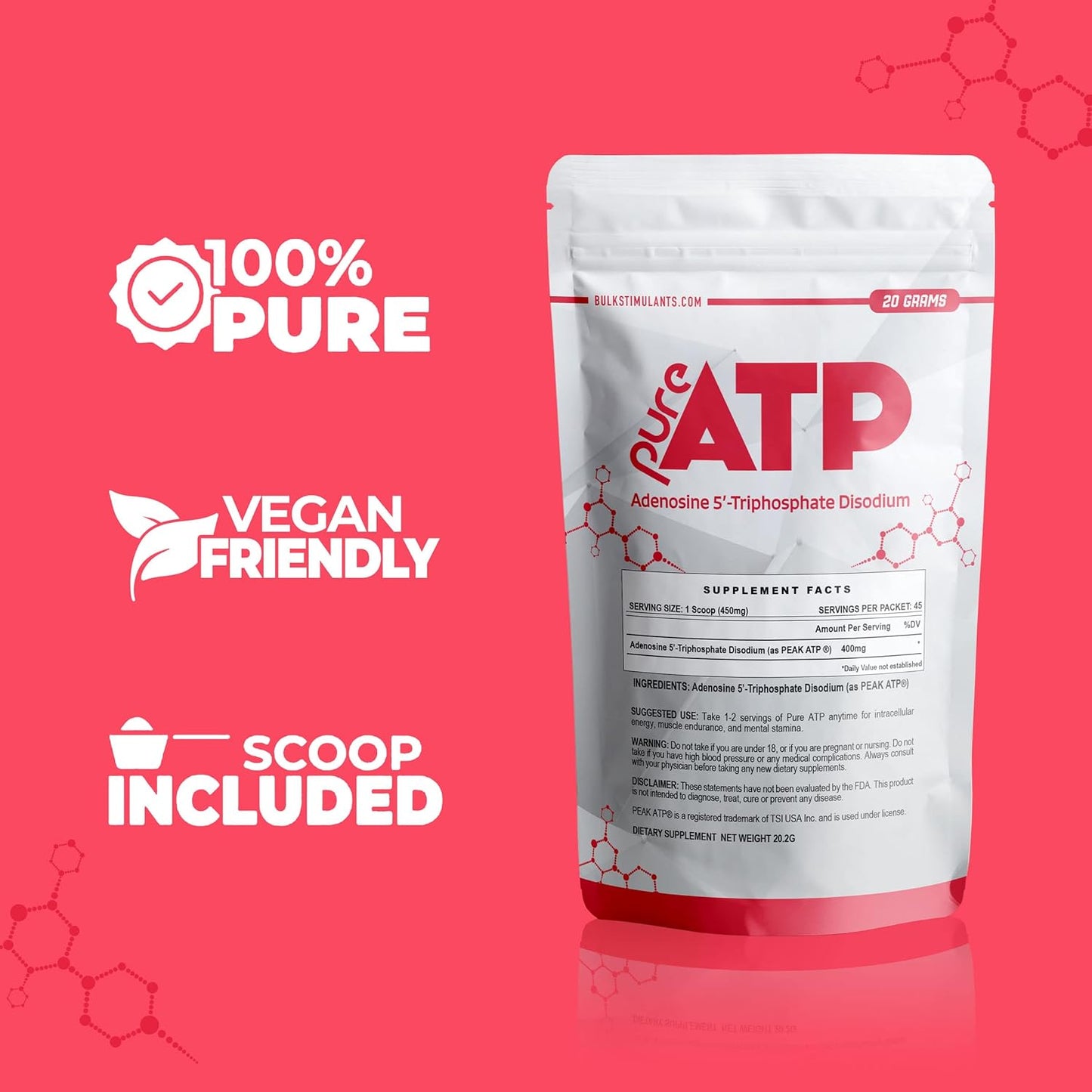 Bulkstimulants Pure ATP Adenosine Triphosphate Powder - Increase Energy, Endurance, Strength, Recovery & Muscle Pump 20 Grams