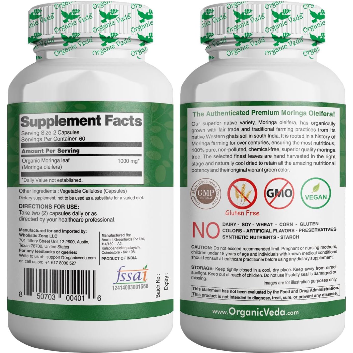 Organic Veda Moringa Leaf Capsules 1000Mg - Boosts Energy, Health, Wellbeing & Antioxidants Rich 120 Count