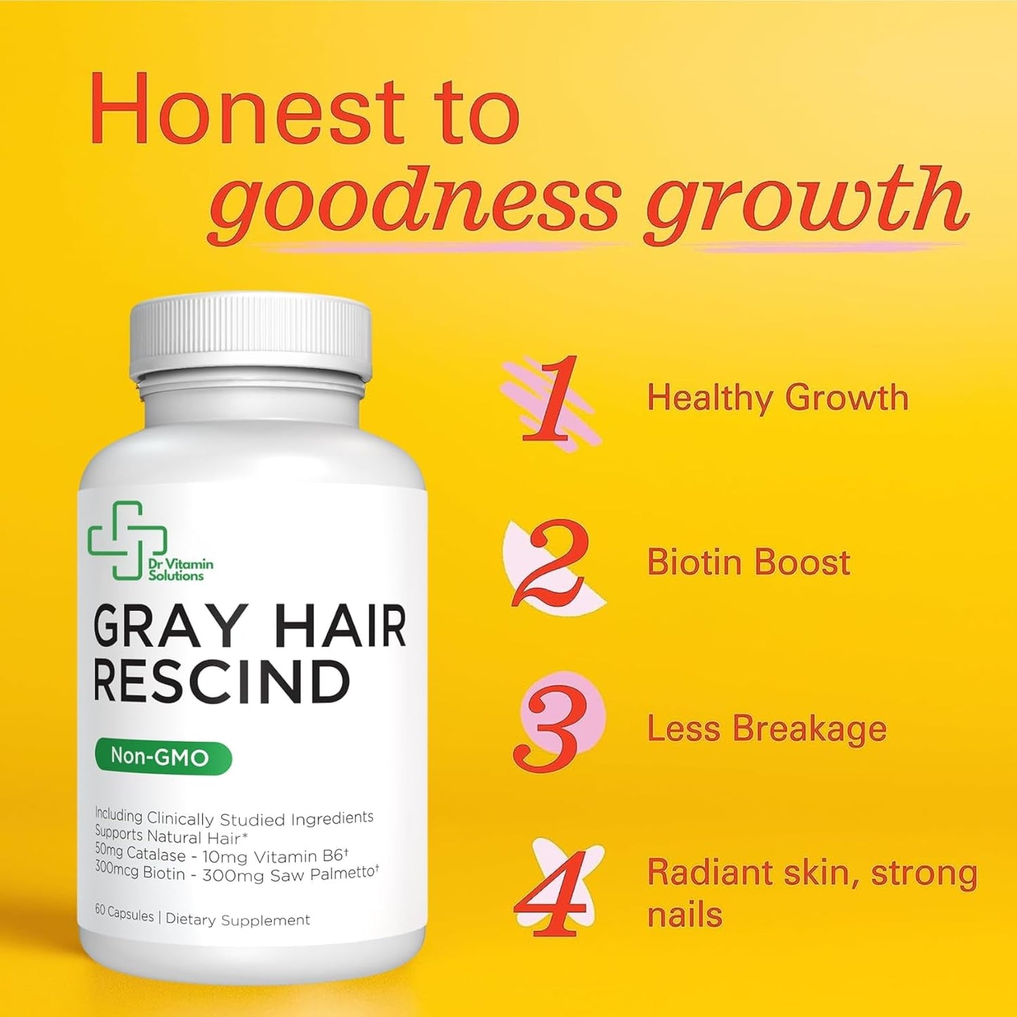 Gray Hair Rescind with Catalase - Antiaging Hair, Skin and Nails Vitamins, Pantothenic Acid, Folic Acid 400Mcg, Biotin 300Mcg