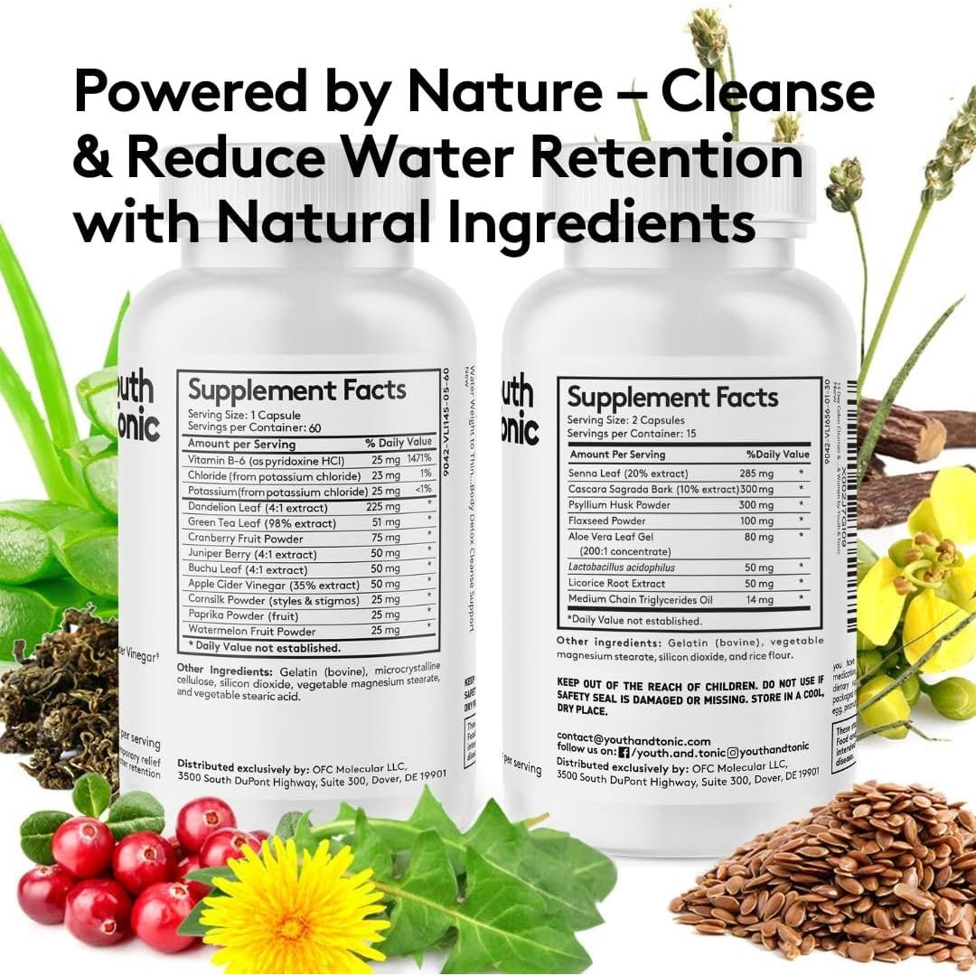 Youth & Tonic Jumpstart Cleanse – Water Weight Away Pills & 15 Day Colon Detox & Gut Cleanser 90 Caps