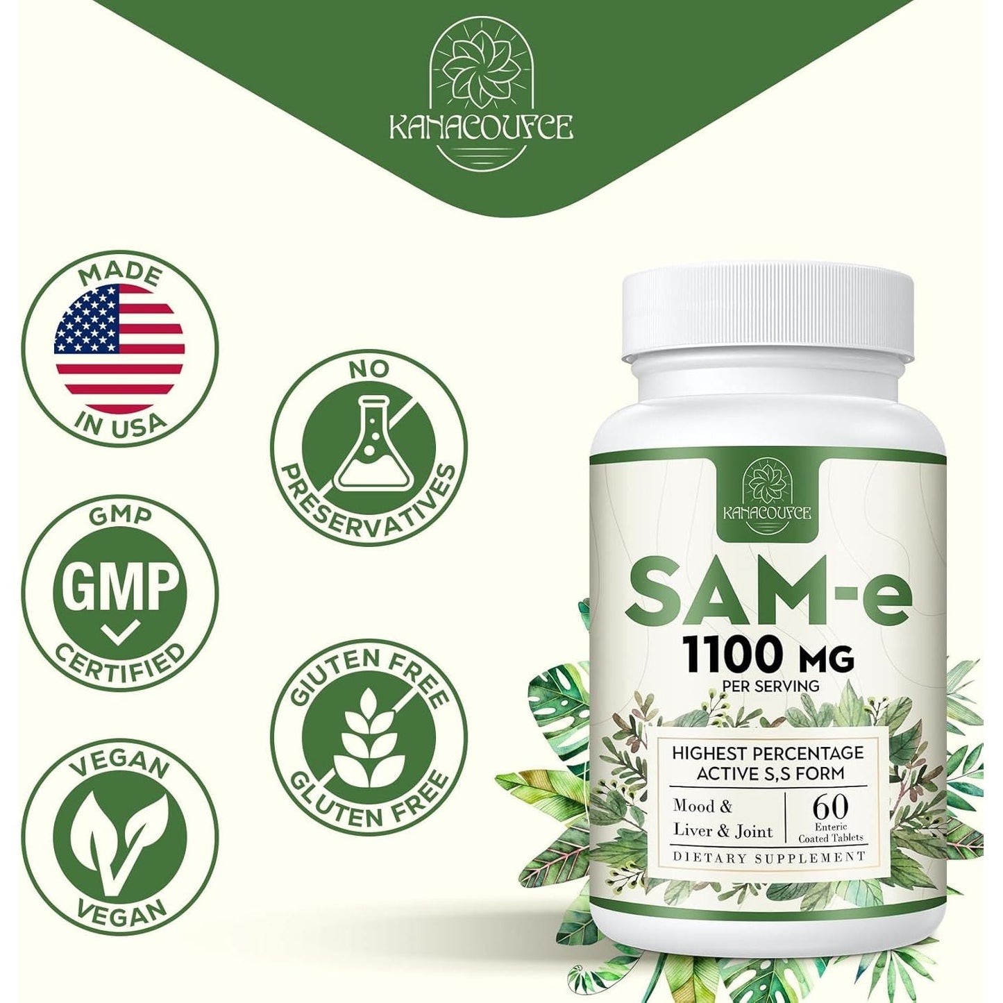 1100Mg Sam-E (S-Adenosyl-L-Methionine), SAM E Supplement for Mood, Joint & Liver 60 Tablets