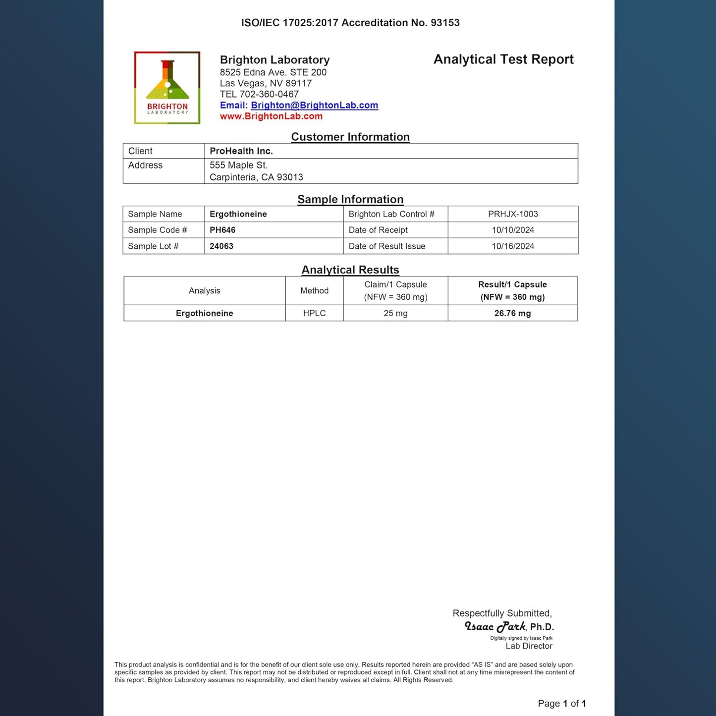 Prohealth Ergothioneine 5X Strength. 25Mg for Improved Cognition, Heart Health. Essential Longevity Vitamin, 30 Servings