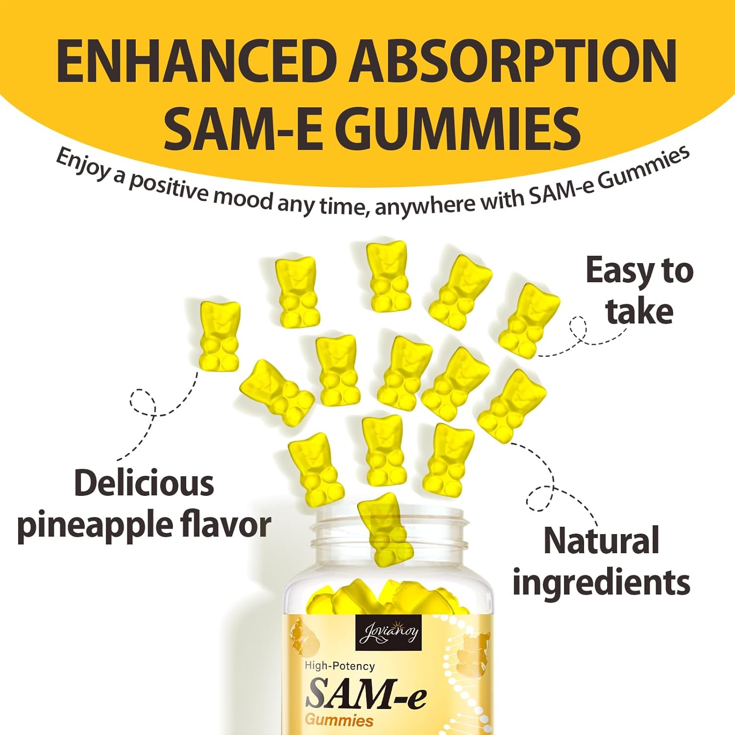 Sam-E Gummies with L-Tyrosine, Vitamin B Complex & NAC, Coq10, Sam-E Supplement - Pineapple Flavor, Made in USA, 90 Gummies