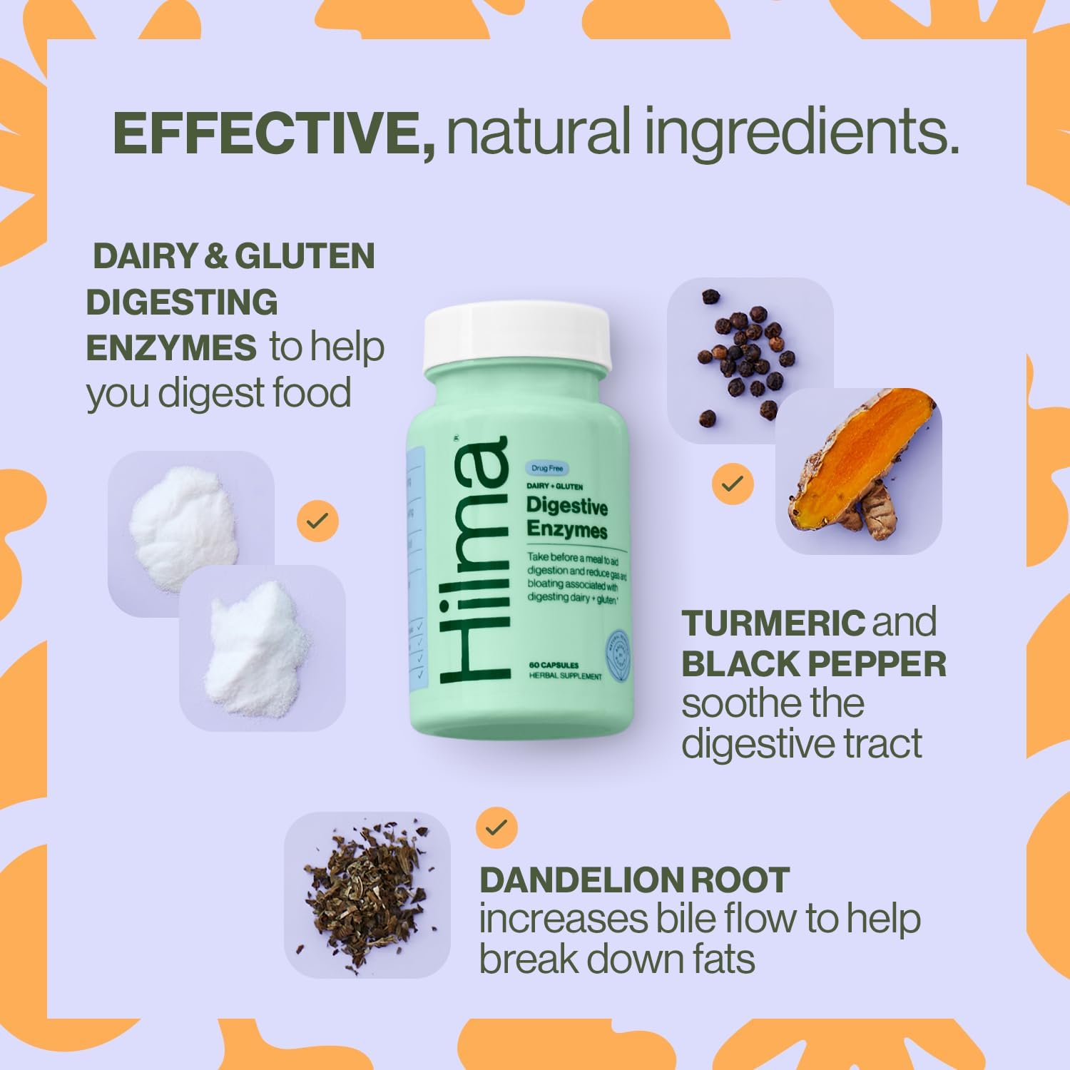 Hilma Digestive Enzymes for Women, Bloating Relief with Turmeric, Dandelion Root and Gluten Digestive Enzymes,60 Vegan Capsules