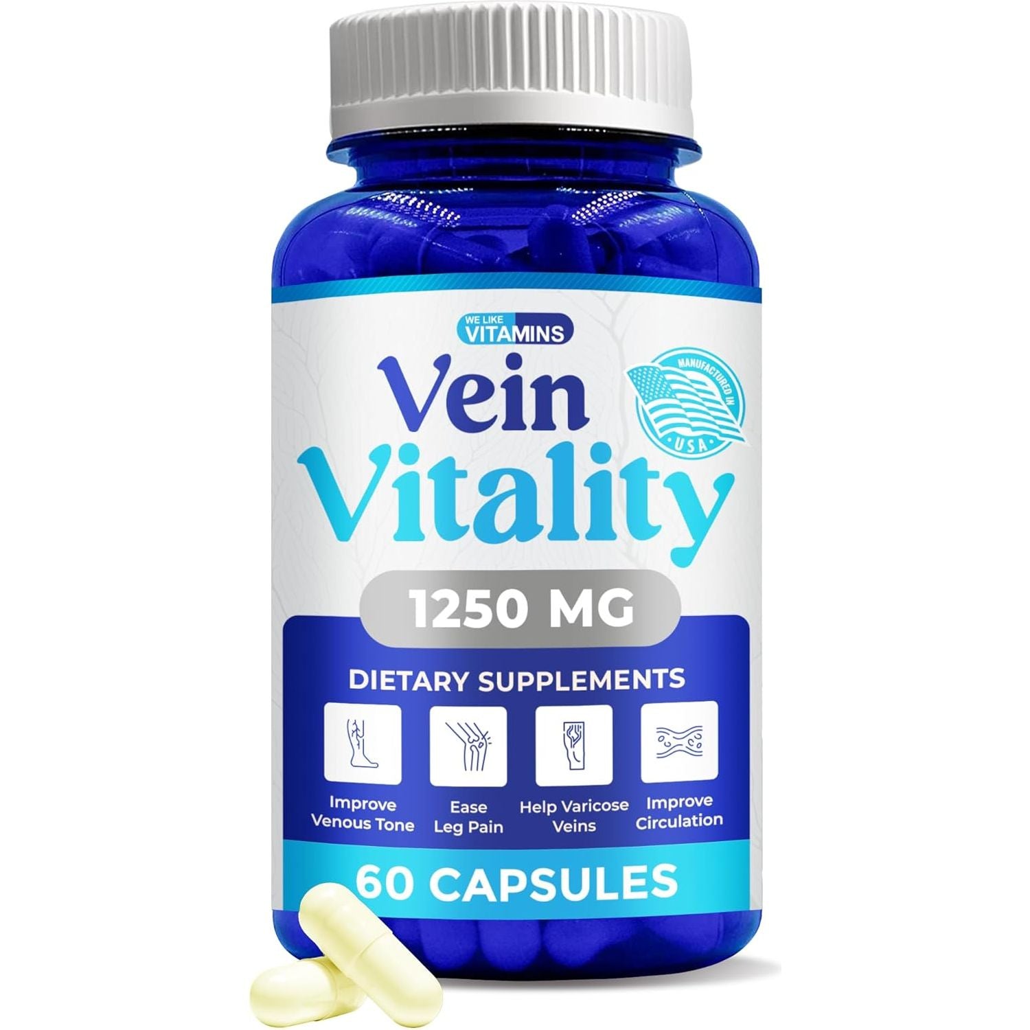 Vein Vitality 1250Mg Diosmin Hesperidin Complex for Varicose Veins Treatment - 60 Capsules