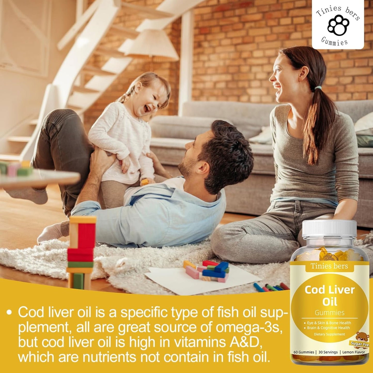 Cod Liver Oil Gummies 1000Mg, Sugar Free for Adults & Kids, Omega-3S & Vitamin A&D 60 Count