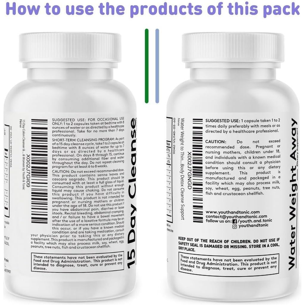Youth & Tonic Jumpstart Cleanse – Water Weight Away Pills & 15 Day Colon Detox & Gut Cleanser 90 Caps