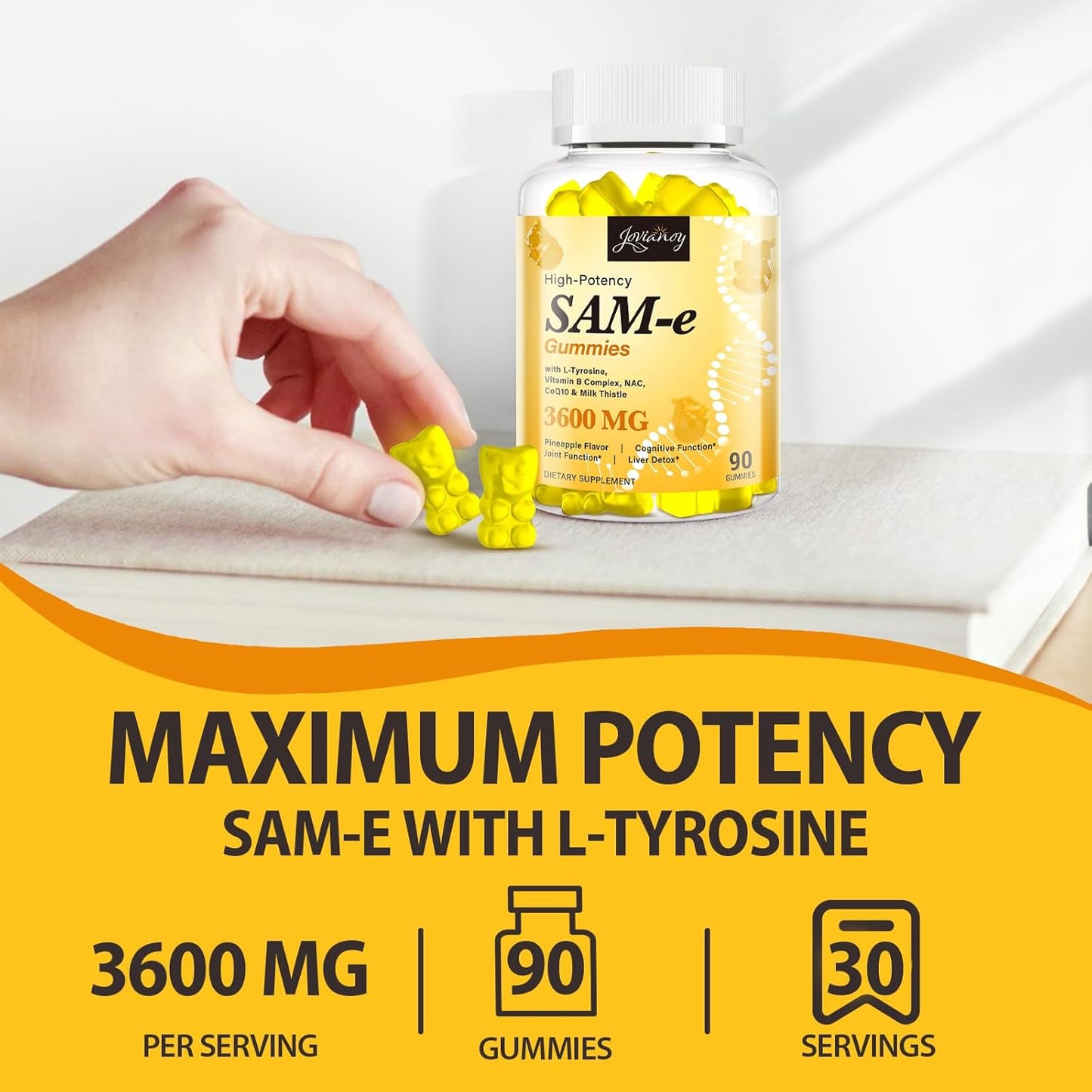 Sam-E Gummies with L-Tyrosine, Vitamin B Complex & NAC, Coq10, Sam-E Supplement - Pineapple Flavor, Made in USA, 90 Gummies