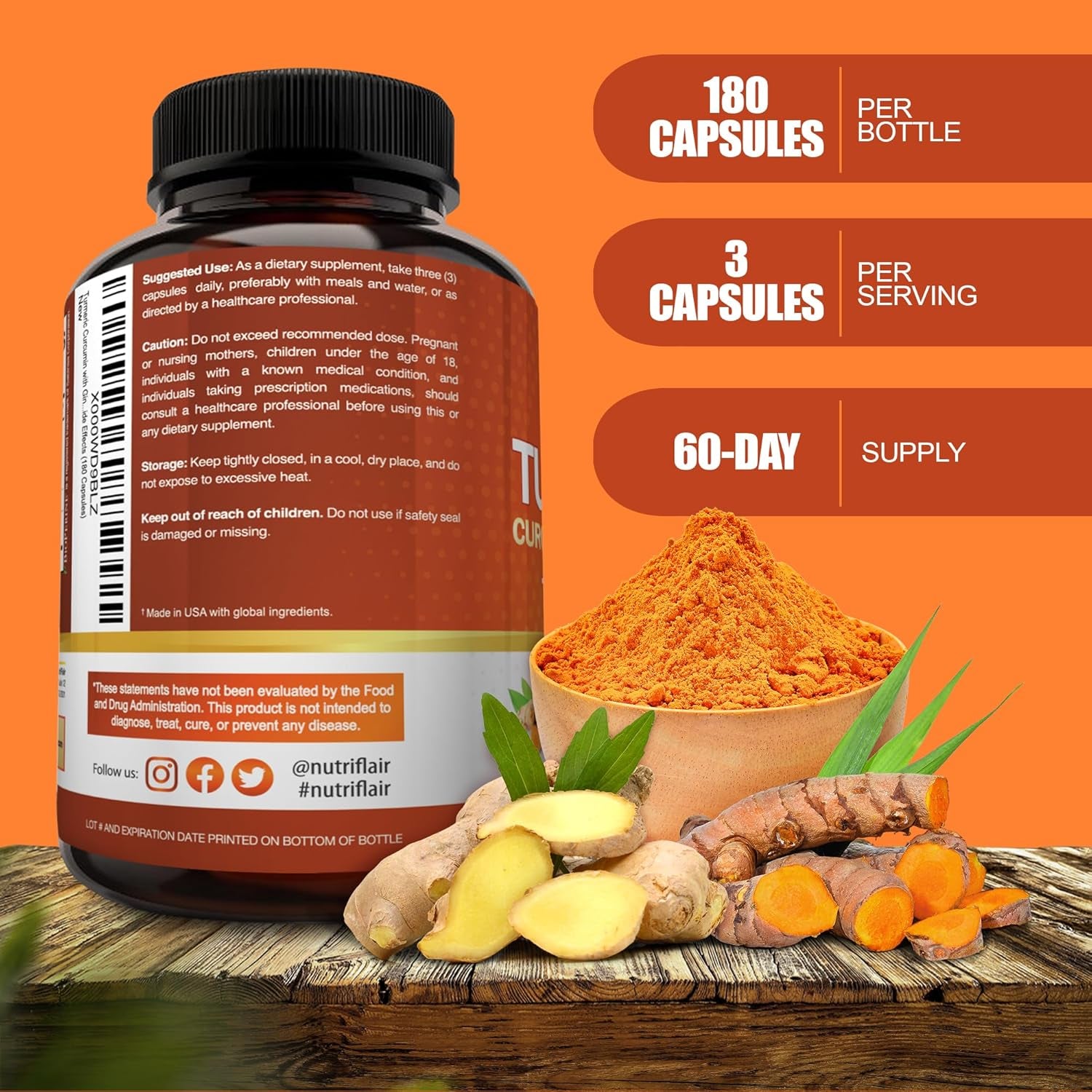 Nutriflair Turmeric Curcumin with Ginger and Bioperine Black Pepper Supplements, 180 Capsules