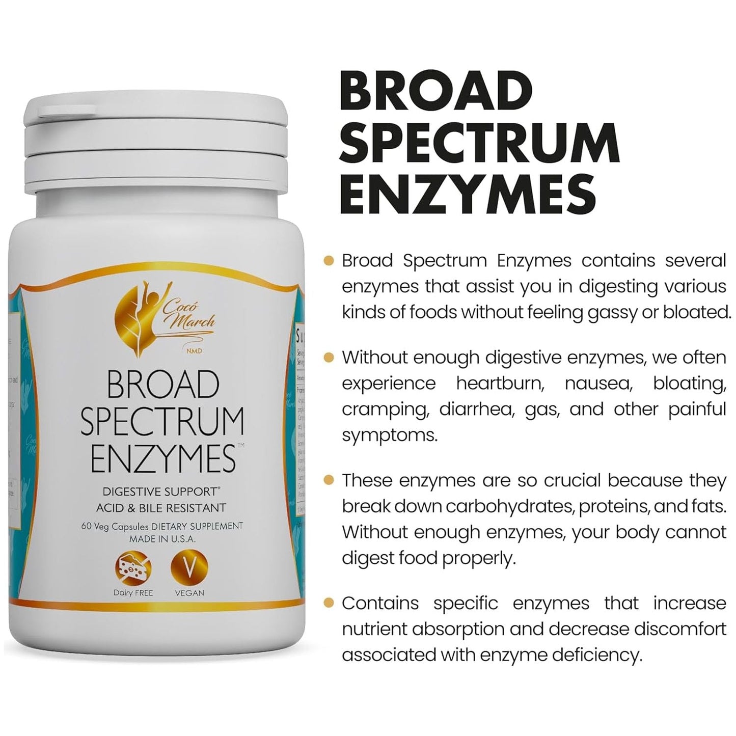Coco March Broad Spectrum Enzymes- 18 Enzymes for Gluten-Lactose-Digestive Support 460 Mg Proprietary Blend, 60 Capsules