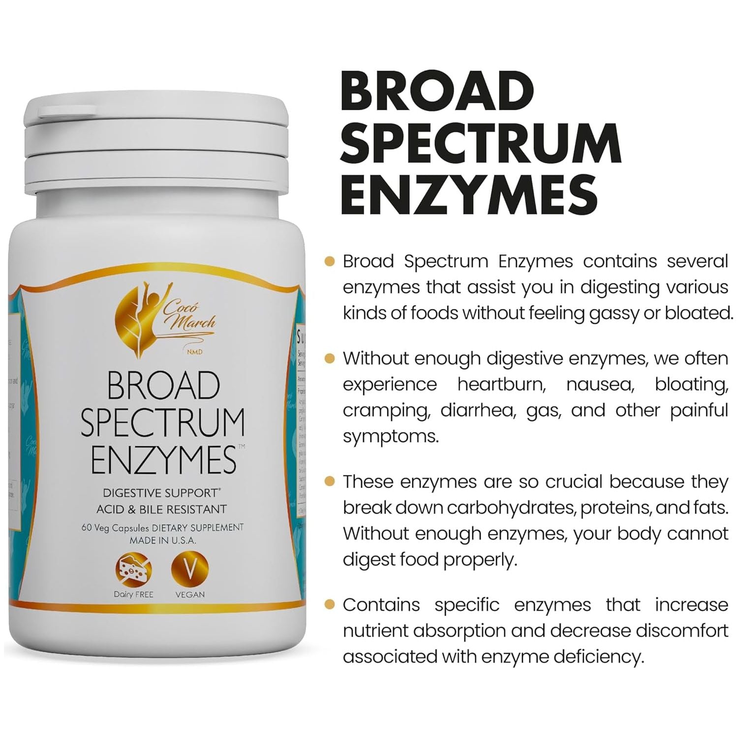 Coco March Broad Spectrum Enzymes- 18 Enzymes for Gluten-Lactose-Digestive Support 460 Mg Proprietary Blend, 60 Capsules